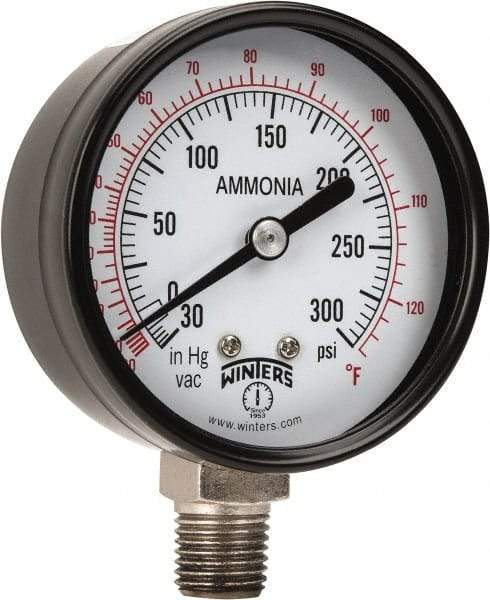 Winters - 2-1/2" Dial, 1/4 Thread, 30-0-300 Scale Range, Pressure Gauge - Lower Connection Mount, Accurate to 3-2-3% of Scale - Benchmark Tooling