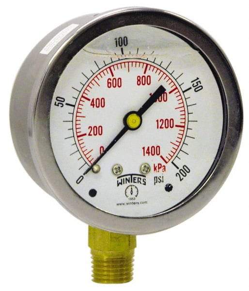 Winters - 2-1/2" Dial, 1/4 Thread, 0-1,000 Scale Range, Pressure Gauge - Lower Connection Mount, Accurate to 1.5% of Scale - Benchmark Tooling