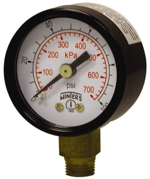 Winters - 1-1/2" Dial, 1/8 Thread, 0-160 Scale Range, Pressure Gauge - Lower Connection Mount, Accurate to 3-2-3% of Scale - Benchmark Tooling