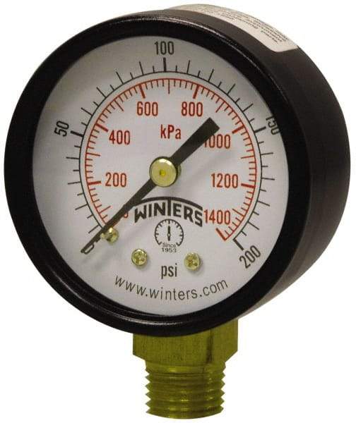 Winters - 2" Dial, 1/4 Thread, 0-300 Scale Range, Pressure Gauge - Lower Connection Mount, Accurate to 3-2-3% of Scale - Benchmark Tooling