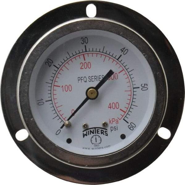 Winters - 2-1/2" Dial, 1/4 Thread, 0-60 Scale Range, Pressure Gauge - Front Flange Panel Mount, Center Back Connection Mount, Accurate to 1.5% of Scale - Benchmark Tooling