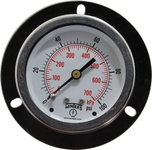 Winters - 2-1/2" Dial, 1/4 Thread, 0-100 Scale Range, Pressure Gauge - Front Flange Panel Mount, Center Back Connection Mount, Accurate to 1.5% of Scale - Benchmark Tooling