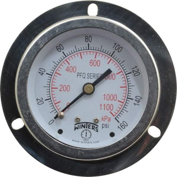 Winters - 2-1/2" Dial, 1/4 Thread, 0-160 Scale Range, Pressure Gauge - Front Flange Panel Mount, Center Back Connection Mount, Accurate to 1.5% of Scale - Benchmark Tooling