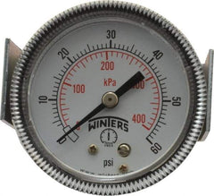 Winters - 2" Dial, 1/8 Thread, 0-60 Scale Range, Pressure Gauge - U-Clamp Panel Mount, Center Back Connection Mount, Accurate to 2.5% of Scale - Benchmark Tooling