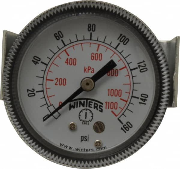 Winters - 2" Dial, 1/8 Thread, 0-160 Scale Range, Pressure Gauge - U-Clamp Panel Mount, Center Back Connection Mount, Accurate to 2.5% of Scale - Benchmark Tooling