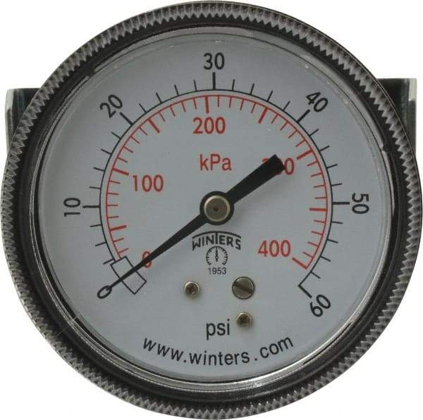 Winters - 2-1/2" Dial, 1/4 Thread, 0-60 Scale Range, Pressure Gauge - U-Clamp Panel Mount, Center Back Connection Mount, Accurate to 2.5% of Scale - Benchmark Tooling