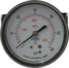 Winters - 2-1/2" Dial, 1/4 Thread, 0-60 Scale Range, Pressure Gauge - U-Clamp Panel Mount, Center Back Connection Mount, Accurate to 2.5% of Scale - Benchmark Tooling