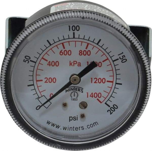 Winters - 2-1/2" Dial, 1/4 Thread, 0-200 Scale Range, Pressure Gauge - U-Clamp Panel Mount, Center Back Connection Mount, Accurate to 2.5% of Scale - Benchmark Tooling