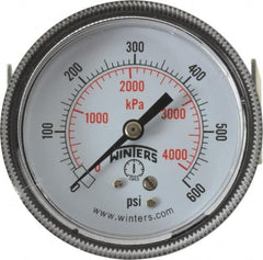 Winters - 2-1/2" Dial, 1/4 Thread, 0-600 Scale Range, Pressure Gauge - U-Clamp Panel Mount, Center Back Connection Mount, Accurate to 2.5% of Scale - Benchmark Tooling