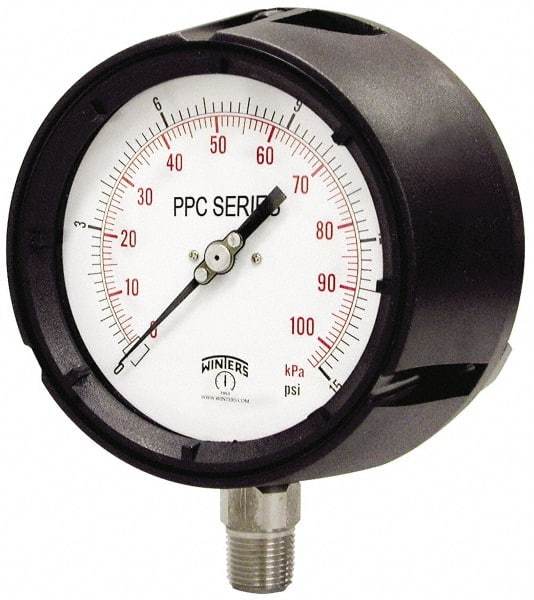 Winters - 4-1/2" Dial, 1/2 Thread, 0-400 Scale Range, Pressure Gauge - Lower Connection Mount, Accurate to 0.5% of Scale - Benchmark Tooling