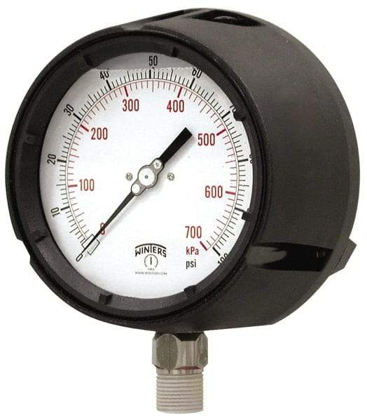 Winters - 4-1/2" Dial, 1/2 Thread, 0-600 Scale Range, Pressure Gauge - Lower Connection Mount, Accurate to 0.5% of Scale - Benchmark Tooling