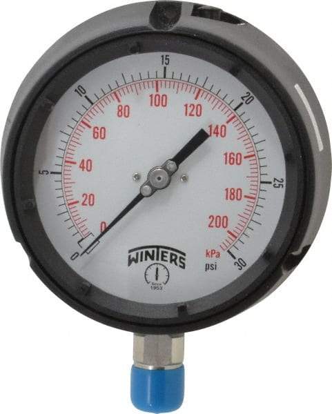 Winters - 4-1/2" Dial, 1/2 Thread, 0-30 Scale Range, Pressure Gauge - Lower Connection Mount, Accurate to 0.5% of Scale - Benchmark Tooling