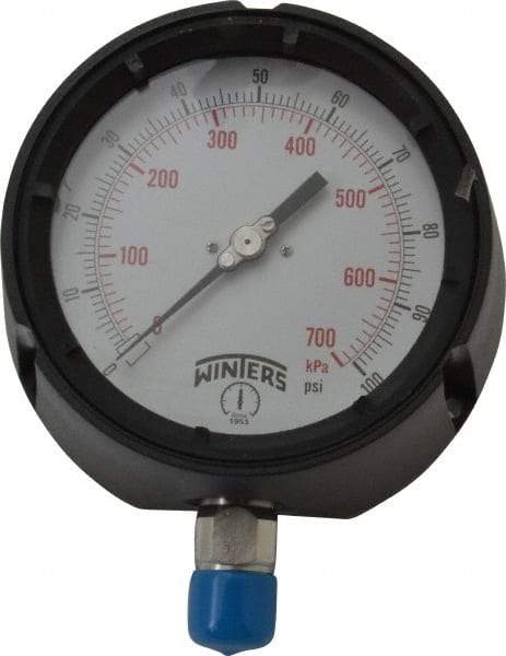 Winters - 4-1/2" Dial, 1/2 Thread, 0-100 Scale Range, Pressure Gauge - Lower Connection Mount, Accurate to 0.5% of Scale - Benchmark Tooling