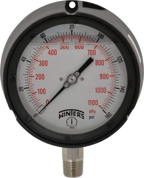 Winters - 4-1/2" Dial, 1/2 Thread, 0-160 Scale Range, Pressure Gauge - Lower Connection Mount, Accurate to 0.5% of Scale - Benchmark Tooling