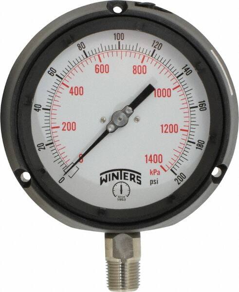 Winters - 4-1/2" Dial, 1/2 Thread, 0-200 Scale Range, Pressure Gauge - Lower Connection Mount, Accurate to 0.5% of Scale - Benchmark Tooling