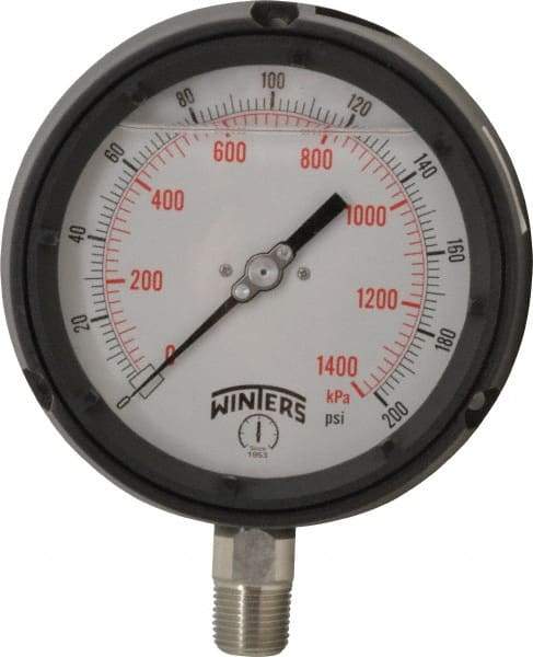 Winters - 4-1/2" Dial, 1/2 Thread, 0-200 Scale Range, Pressure Gauge - Lower Connection Mount, Accurate to 0.5% of Scale - Benchmark Tooling