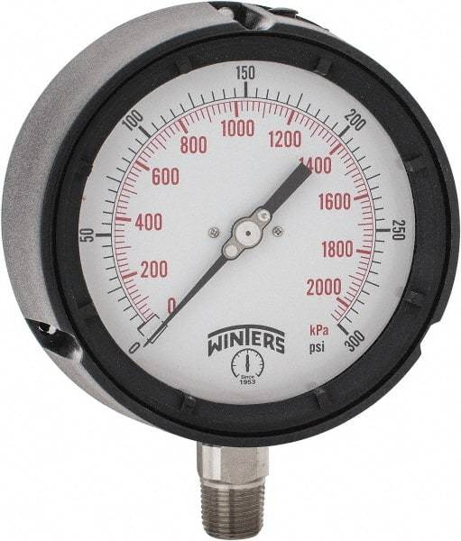 Winters - 4-1/2" Dial, 1/2 Thread, 0-300 Scale Range, Pressure Gauge - Lower Connection Mount, Accurate to 0.5% of Scale - Benchmark Tooling