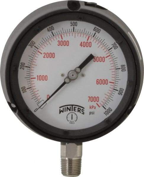 Winters - 4-1/2" Dial, 1/2 Thread, 0-1,000 Scale Range, Pressure Gauge - Lower Connection Mount, Accurate to 0.5% of Scale - Benchmark Tooling