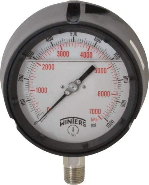 Winters - 4-1/2" Dial, 1/2 Thread, 0-1,000 Scale Range, Pressure Gauge - Lower Connection Mount, Accurate to 0.5% of Scale - Benchmark Tooling