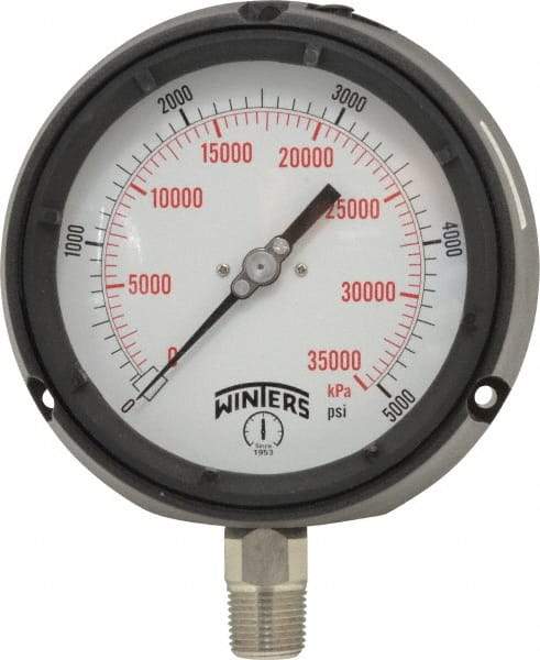 Winters - 4-1/2" Dial, 1/2 Thread, 0-5,000 Scale Range, Pressure Gauge - Lower Connection Mount, Accurate to 0.5% of Scale - Benchmark Tooling