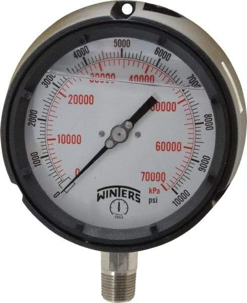 Winters - 4-1/2" Dial, 1/2 Thread, 0-10,000 Scale Range, Pressure Gauge - Lower Connection Mount, Accurate to 0.5% of Scale - Benchmark Tooling