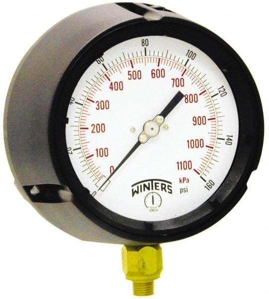 Winters - 4-1/2" Dial, 1/4 Thread, 0-600 Scale Range, Pressure Gauge - Lower Connection Mount, Accurate to 0.5% of Scale - Benchmark Tooling