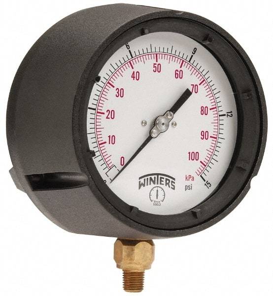 Winters - 4-1/2" Dial, 1/4 Thread, 0-15 Scale Range, Pressure Gauge - Lower Connection Mount, Accurate to 0.5% of Scale - Benchmark Tooling