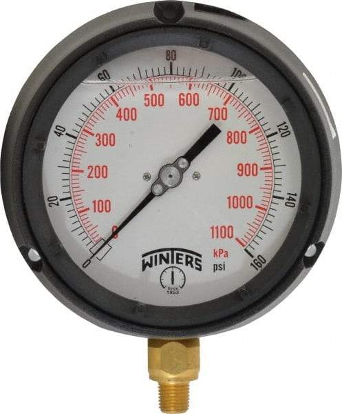 Winters - 4-1/2" Dial, 1/4 Thread, 0-160 Scale Range, Pressure Gauge - Lower Connection Mount, Accurate to 0.5% of Scale - Benchmark Tooling