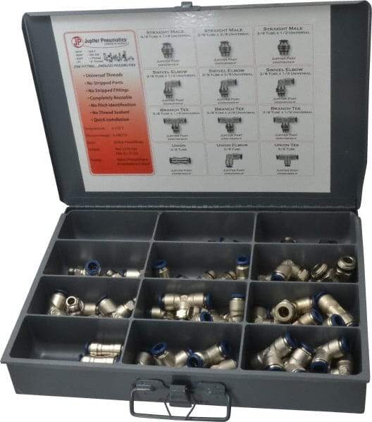 Value Collection - 60 Piece, Push to Connect Fitting Kit - Mixed Universal Threads, 3/8" Tube - Benchmark Tooling