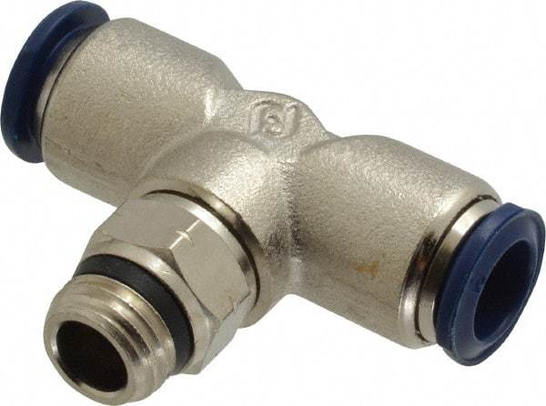 Value Collection - 3/8" Outside Diam, 1/4 Universal, Nickel Plated Brass Push-to-Connect Tube Male Swivel Branch Tee - 250 Max psi, Tube to Universal Thread Connection, Buna O-Ring - Benchmark Tooling