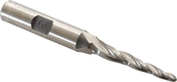 Made in USA - 3° Taper Angle per Side, 1/8" Small End Diam, 1-1/2" LOC, High Speed Steel 3 Flute Tapered Ball End Mill - 3-1/4" OAL, 3/8" Shank Diam - Benchmark Tooling