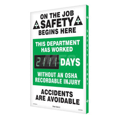 Safety First This Department Has Worked ___ Days without an OSHA Recordable Injury - On the Job Safety Begins with You!, 20 Inch Wide x 28 Inch High, Aluminum Sign - Rectangular, White on Green, 2 Inch Thick, Indoor or Outdoor, Wall Mount with Mounting Fa