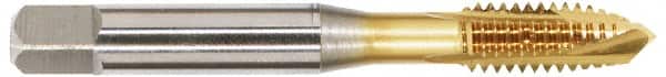 OSG - 7/16-14 UNC, 3 Flute, TiN Finish, Vanadium High Speed Steel Spiral Point Tap - Plug Chamfer, Right Hand Thread, 3-5/32" OAL, 1-7/16" Thread Length, 0.323" Shank Diam - Exact Industrial Supply