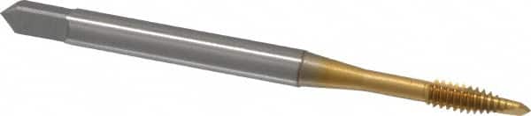 OSG - #4-40 UNC, 2 Flute, TiN Finish, Vanadium High Speed Steel Spiral Point Tap - Plug Chamfer, Right Hand Thread, 1-7/8" OAL, 9/16" Thread Length, 0.141" Shank Diam, 2B/3B Class of Fit - Exact Industrial Supply