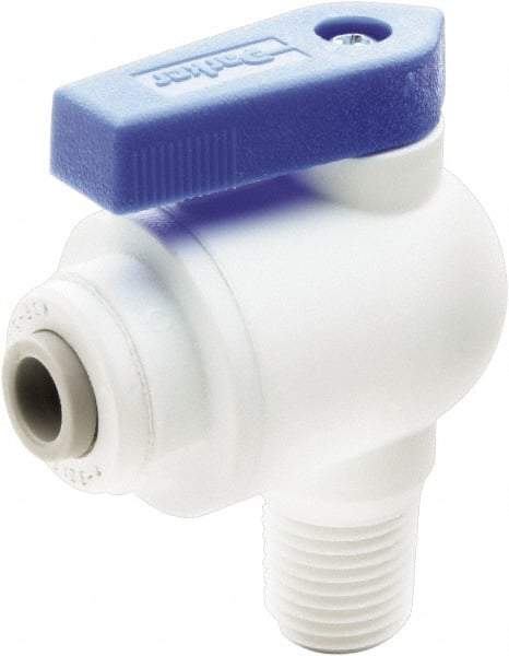 Parker - 3/8" Pipe, Full Port, Polypropylene Valve Male Elbow Ball Valve - Bi-Directional, MNPT x Push-to-Connect Ends, Wedge Handle, 150 WOG - Benchmark Tooling
