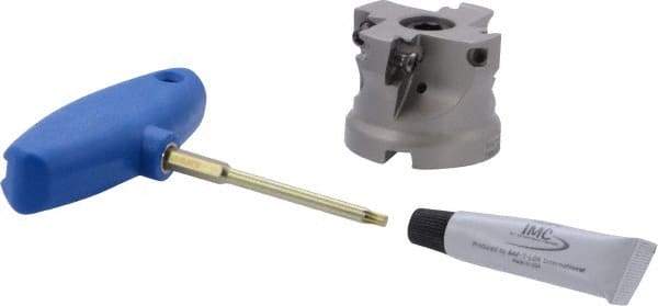 Iscar - 4 Inserts, 2" Cut Diam, 3/4" Arbor Diam, 0.512" Max Depth of Cut, Indexable Square-Shoulder Face Mill - 0/90° Lead Angle, 1.57" High, HM390 TDKT 1505 Insert Compatibility, Through Coolant, Series HeliIQMill - Benchmark Tooling