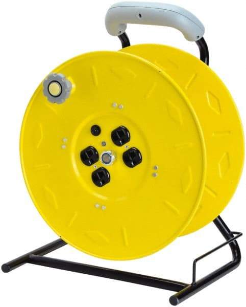 Value Collection - 12 AWG, 100' Cable Length, Cord & Cable Reel with Outlet End, No Cable - 4 Outlets, NEMA 5-15R, 15 Amps, 125 Volts, SO Cable, Yellow Reel, Hand Crank Reel - Benchmark Tooling