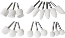 Value Collection - 18 Piece, 1/4" Shank Diam, Wool Felt Bob Set - Medium Density, Includes Ball, Cone, Cylinder, Flame, Olive & Oval Bobs - Benchmark Tooling