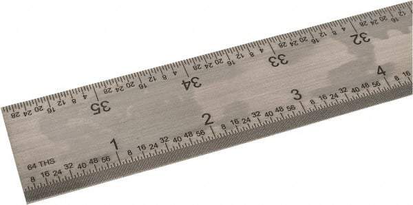 SPI - 36" Long, 1/100, 1/64, 1/50, 1/32" Graduation, Rigid Steel Rule - 16R Graduation Style, 1-1/4" Wide, Silver, Satin Chrome Finish - Benchmark Tooling