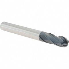 Iscar - 1/2" Diam, 1" LOC, 4 Flute Solid Carbide Ball End Mill - TiAlN Finish, Single End, 4-1/2" OAL, 1/2" Shank Diam, Spiral Flute - Benchmark Tooling