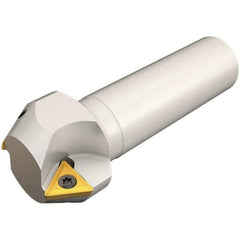 Iscar - 60° Lead Angle, 39.4mm Max Cut Diam, 25mm Min Cut Diam, 12.3mm Max Depth of Cut, Indexable Chamfer and Angle End Mill - 2 Inserts, TPMT Insert Style, 100mm Overall Length, Straight Shank - Benchmark Tooling