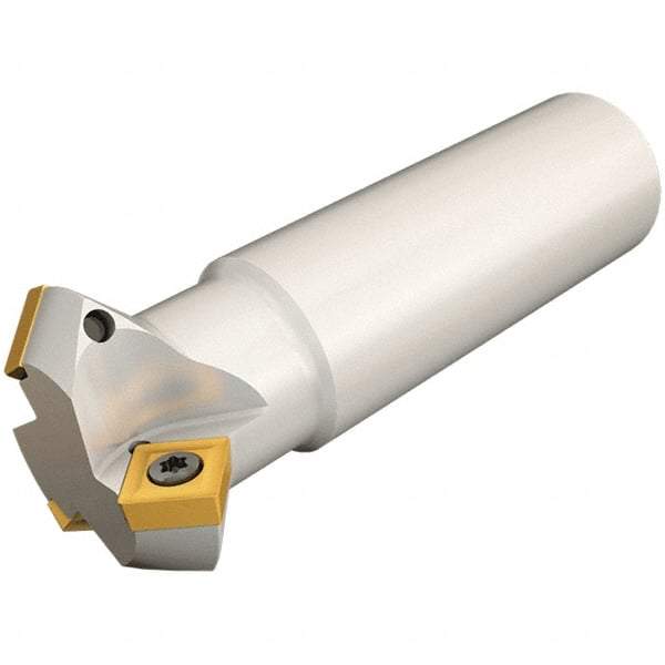 Iscar - 45° Lead Angle, 46.1mm Max Cut Diam, 30mm Min Cut Diam, 7.8mm Max Depth of Cut, Indexable Chamfer and Angle End Mill - 3 Inserts, SCMT-19, SCMW Insert Style, 115mm Overall Length, Straight Shank - Benchmark Tooling