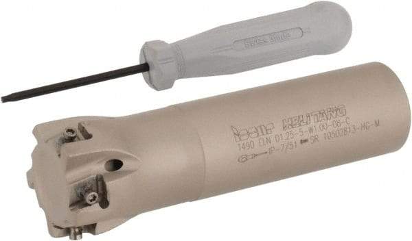 Iscar - 1-1/4" Cut Diam, 0.315" Max Depth of Cut, 1" Shank Diam, 4" OAL, Indexable Square Shoulder Helical End Mill - T490 LN.T 0804 Inserts, Weldon Shank, 90° Lead Angle, Through Coolant, Series Helitang - Benchmark Tooling