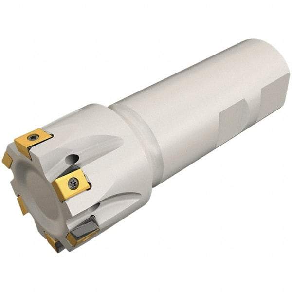 Iscar - 32mm Cut Diam, 8mm Max Depth of Cut, 32mm Shank Diam, 110mm OAL, Indexable Square Shoulder Helical End Mill - T490 LN.T 0804 Inserts, Weldon Shank, 90° Lead Angle, Through Coolant, Series Helitang - Benchmark Tooling