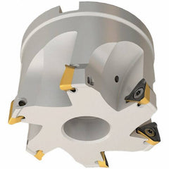Iscar - 6 Inserts, 63mm Cut Diam, 27mm Arbor Diam, 8mm Max Depth of Cut, Indexable Square-Shoulder Face Mill - 0/90° Lead Angle, 45mm High, HM390 TPKT 1003 Insert Compatibility, Through Coolant, Series HeliIQMill - Benchmark Tooling