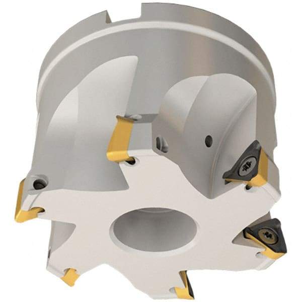 Iscar - 3 Inserts, 40mm Cut Diam, 16mm Arbor Diam, 8mm Max Depth of Cut, Indexable Square-Shoulder Face Mill - 0/90° Lead Angle, 35mm High, HM390 TPKT 1003 Insert Compatibility, Through Coolant, Series HeliIQMill - Benchmark Tooling