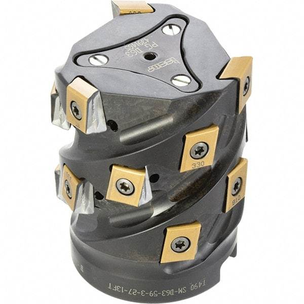 Iscar - 15 Inserts, 63mm Cut Diam, 27mm Arbor Diam, 59mm Max Depth of Cut, Indexable Square-Shoulder Face Mill - 0/90° Lead Angle, 80mm High, T490 LN.. 1306 Insert Compatibility, Through Coolant, Series Helitang - Benchmark Tooling