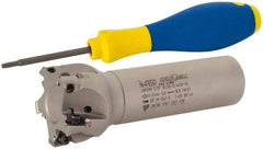 Iscar - 1-1/2" Cut Diam, 0.315" Max Depth of Cut, 1" Shank Diam, 4" OAL, Indexable Square Shoulder Helical End Mill - HM390 TPKT 1003 Inserts, Weldon Shank, 90° Lead Angle, Through Coolant, Series HeliIQMill - Benchmark Tooling
