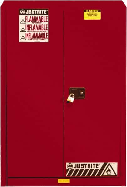 Justrite - 2 Door, 5 Shelf, Red Steel Standard Safety Cabinet for Flammable and Combustible Liquids - 65" High x 43" Wide x 18" Deep, Self Closing Door, 3 Point Key Lock, 60 Gal Capacity - Benchmark Tooling