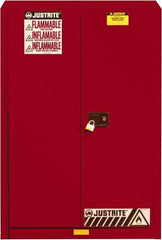 Justrite - 2 Door, 5 Shelf, Red Steel Standard Safety Cabinet for Flammable and Combustible Liquids - 65" High x 43" Wide x 18" Deep, Self Closing Door, 3 Point Key Lock, 60 Gal Capacity - Benchmark Tooling